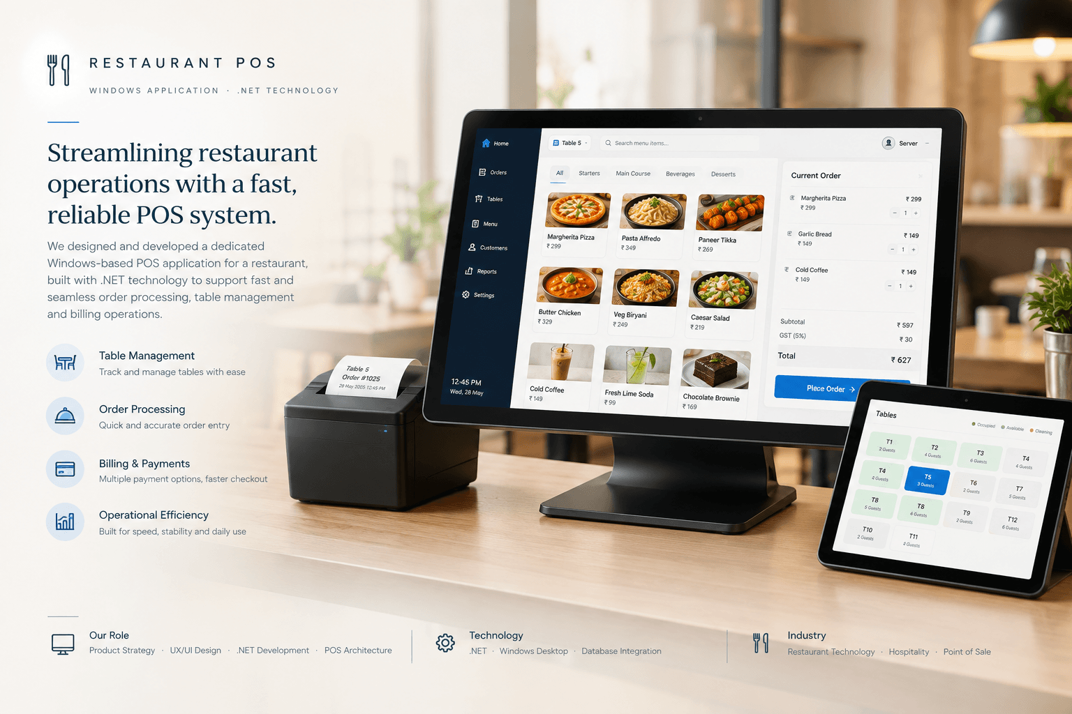 The Restaurant POS Windows desktop application, designed and developed by Brandaigle.